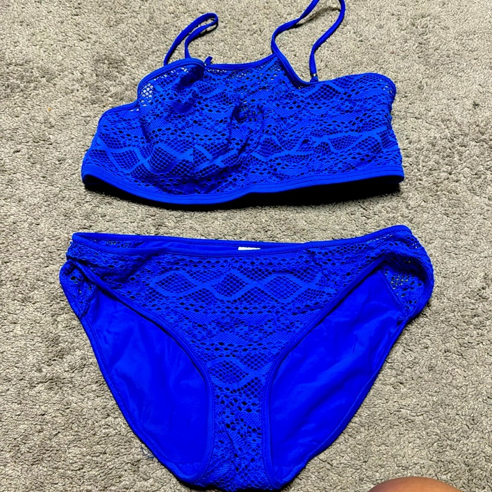 EUC Freya Blue High Neck Bikini Top Size 34DDD Medium Bottom Swimsuit Set